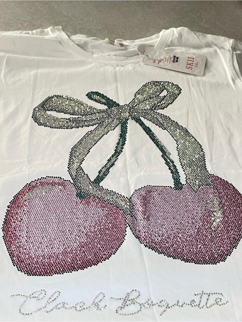 Sequin Cherry Graphic Tee - White with Pink & Silver